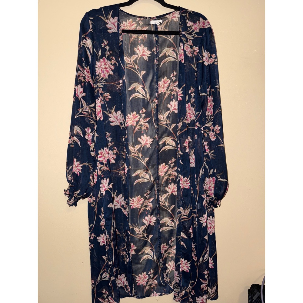 Maurices Navy Floral Sheer Duster Kimono Metallic Gold Stripe Plus 1X Ethereal